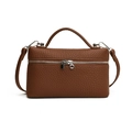 Brown litchi pattern leather box handbag for women with silver hardware and shoulder strap - Brown