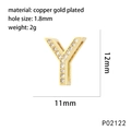 Macro detail of gold plated letter Y pendant with white zircon inlays and dimensions - Letter Y