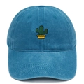 Detailed close-up of cactus embroidery on washed blue denim baseball cap crown - Lake Blue