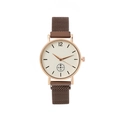 Detail of rose gold watch case with mesh strap and minimalist beige textured dial - Coffee
