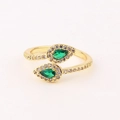 Golden open wrap ring featuring dual pear-cut emerald green zircons and pavé diamonds - Double Pear Shaped Emerald Wrap Style (Style 9)