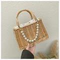 Handmade woven straw handbag featuring elegant pearl chain strap and drawstring lining - Square Bag + Pearl Chain