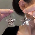 Chic silver metallic star pendant earrings with textured finish and hoop attachment - Large Navy Star / Silver