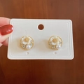 Golden flower earrings with white pearls and sparkling crystals on display card - White Flower Round