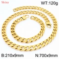 Polished gold stainless steel Cuban link set including 9mm necklace and bracelet - Necklace 70cm + Bracelet 21cm (KS220801-Z)