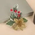 Golden glitter silk flower with red berries and snowy pine needles for Christmas DIY decor - Gold