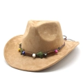 Camel suede western cowboy hat with colorful stone beaded band and wide curved brim - Suede / Camel