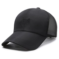 Black mesh trucker hat featuring tonal calligraphy embroidery and breathable back panel - Black with Black Embroidery