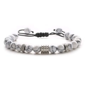 Detail of white howlite beads with silver textured spacers on adjustable woven cord - White Howlite Bracelet