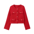Detail of red tweed jacket with textured fabric and elegant gold metal buttons - S / Red