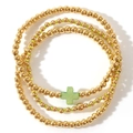 Three-piece gold beaded bracelet set with shell cross pendant in green and gold tones - Cross 3-Piece Set / Gold/Green