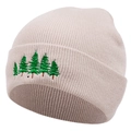 Detailed view of pine tree embroidery on thick ribbed knit beanie in beige color - M (56-58cm) / Khaki
