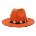 Close-up of orange wool fedora hat with black leather band and silver metallic buckle - Orange
