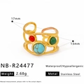 Detailed view of 18K gold plated stainless steel ring with colorful natural stone inlay - Hollow Multi-Stone Beaded Style (NB-R24477)