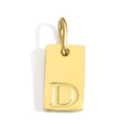 Detailopname van gouden rechthoekige roestvrijstalen hanger met gegraveerde letter D - Letter D Hanger Alleen (Zonder Ketting) / 1cm x 0.6cm / Goud