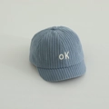 Infant light blue corduroy baseball cap with white ok letter embroidery and short brim - OK Letter / Blue