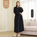 Thick black coral fleece long bathrobe for couples with belt and large lapel design - Premium Black (Women)