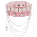 Detail of pink PU leather punk bracelet with silver studs, stars, chains and a bell - Pink Chain