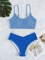 Blue striped bikini set with high waisted bottoms and adjustable straps flat lay style - S / Blue