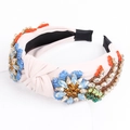 Pink knotted fabric headband with intricate blue flower embroidery and pearl bead accents - 9# Beige (Floral Embroidery Beads)