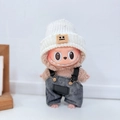 Plush doll accessory featuring a white knit hat and dark grey denim overalls outfit - Cool White Hat + Cool Overalls / First And Second Generation Keychains Are Compatible With La Cloth Dolls. Dolls Not Included.