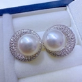 Elegant S925 silver pearl stud earrings with a halo of sparkling cubic zirconia stones - Finished Stud Earrings (With Freshwater Pearl) / 8-9MM