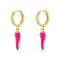 Detail view of gold hoop earrings featuring vibrant pink chili-shaped enamel charms - Rose Red