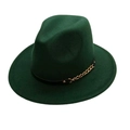 Detail of dark green wool fedora hat with black leather band and gold chain accent - One Size / Dark Green