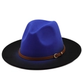 Detail van de blauw-zwarte wollen fedora met bruine leren band en gouden gesp - M (56-58cm) / Koningsblauw/Zwart Gradiënt (04)
