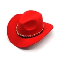 Red wool felt cowboy hat with gold metal chain trim, 45-degree angle front view - M (56-58cm) / Red