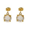 Minimalist gold stud earrings with large clear faceted crystal drop in four-prong setting - Round-White