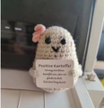 Handmade crochet positive potato doll with pink flower and German card decoration - German Card with Bow