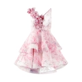 Detail view of 3D floral accents and delicate tiered layers on a pink floral dress - Pink