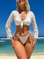 Detailed texture of white three-piece mesh bikini with front tie top and beaded accessories - S / White