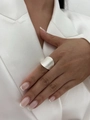 Minimalist wide silver brushed flower ring with fine texture on hand in white suit - Silver Band