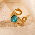 Retro gold plated stainless steel ring with braided texture and blue cat eye stone - Braided Blue Cat's Eye Adjustable Style (TYR0720)