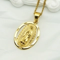 Gold-plated stainless steel Virgin Mary oval pendant necklace on white silk fabric - SM092 Oval Virgin Mary Pendant (No Chain)