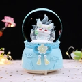 Blue musical crystal ball with white nine-tailed fox and decorative bow base - 2535 Blue Base / Medium 80mm Light + Music