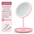 Pink LED makeup mirror with adjustable light, round mirror face and a storage base - Rechargeable Single Color / Pink