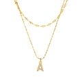 Gold double-layered necklace featuring a textured chain and crystal-inlaid letter A pendant - Gold - Letter A