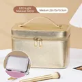 Champagne gold LED lighted makeup case with mirror in medium size, cross-textured PU leather - Medium Gold [LED Light]