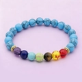 Adjustable natural stone beaded chakra bracelet with blue turquoise and seven color beads - Blue Turquoise with 7 Chakra Elastic Bracelet - jw34