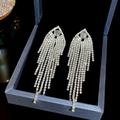 Orecchini a nappa in argento con strass e perno geometrico tondo su sfondo nero - Frangia a Più File con Gemma Grande Argento (E0398)