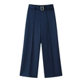 Navy blue high-waisted wide-leg trousers with twill texture and gold buckle belt - S / Pants (With Belt)
