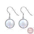 Elegant 925 sterling silver drop earrings featuring circular white mother of pearl inserts - Round Mother of Pearl Drop - Silver