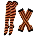 Halloween cosplay set with orange and black striped over-knee socks and fingerless gloves - One Size / Orange and Black Fine Stripes