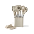 Set di 13 utensili da cucina in silicone beige con manici in acciaio e supporto - Set da 13 pezzi con secchio quadrato / Cachi