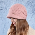 Pink chunky knit beanie with brim and metal M detail for winter outdoor style - Pink