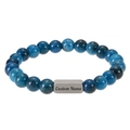 Deep blue natural stone beaded bracelet with custom engraved stainless steel name plate - Apatite