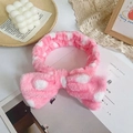 Pink plush headband with large white polka dots and a soft bow for face washing - Watermelon Red Polka Dot